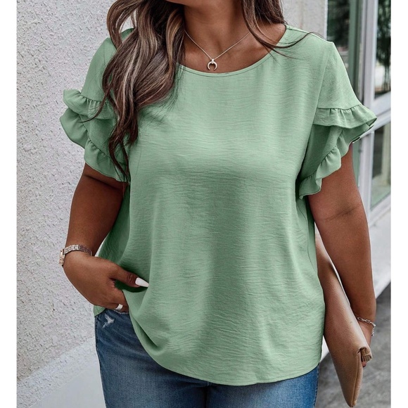 Plus Burgundy Solid Ruffle Petal Short Sleeve Top - Picture 6 of 15